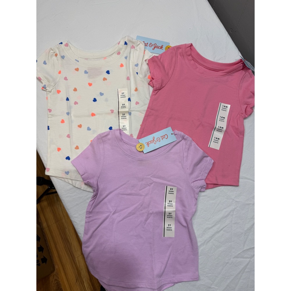 Cat Jack Girl 2T & 18 mo Heart Print Purple Pink White Short Sleeve T Shirt 3 Pk